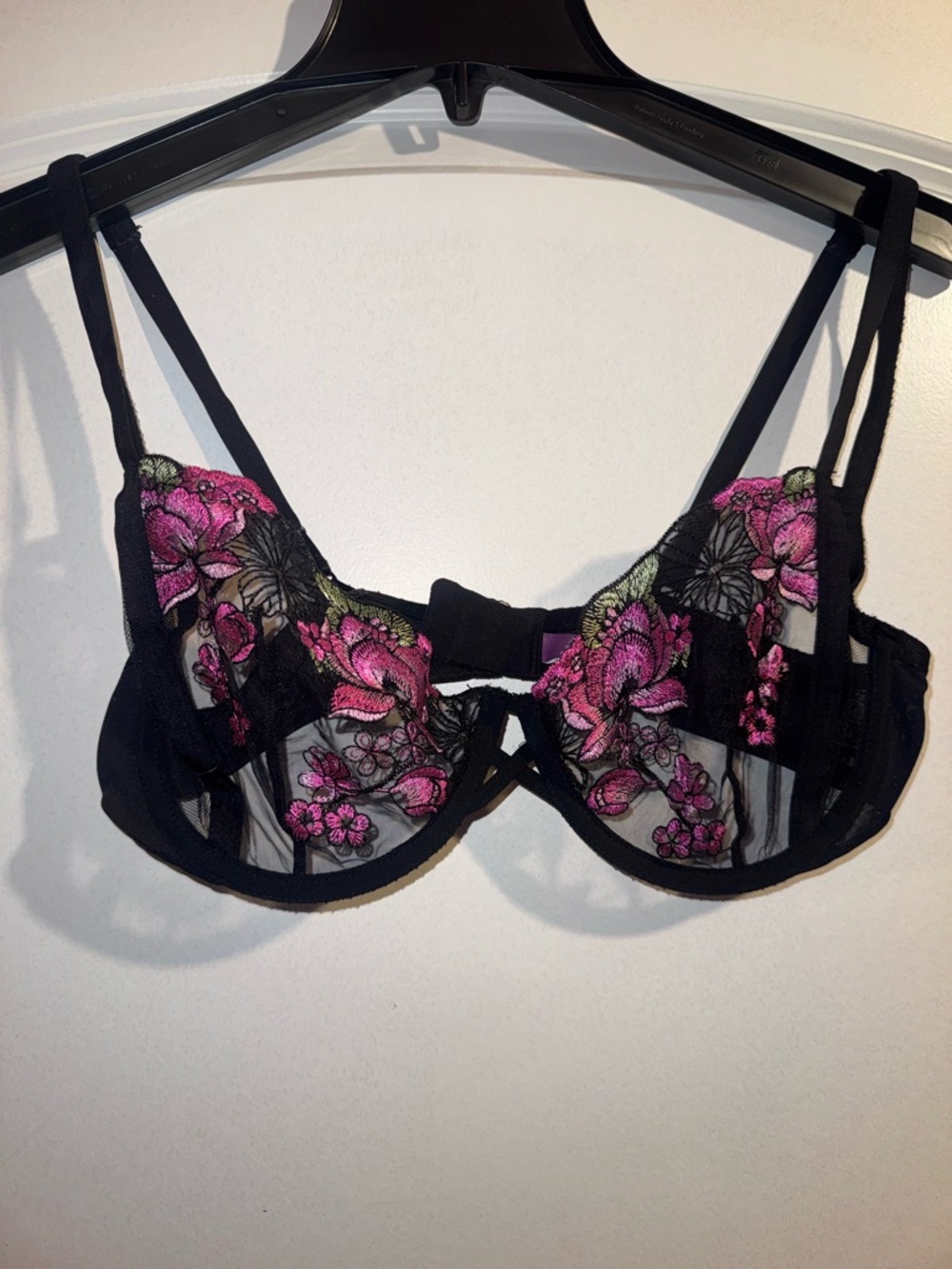 Adore Me Black Sheer Balconette Bra with Pink Floral Embroidery